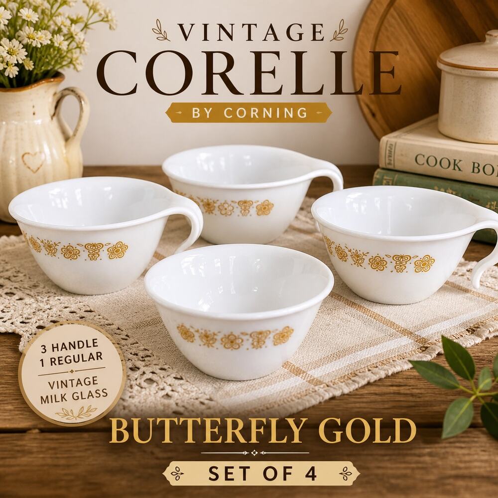 Vintage Corelle Butterfly Gold Bowls Set 4 Corning 3 Handle 1 Regular